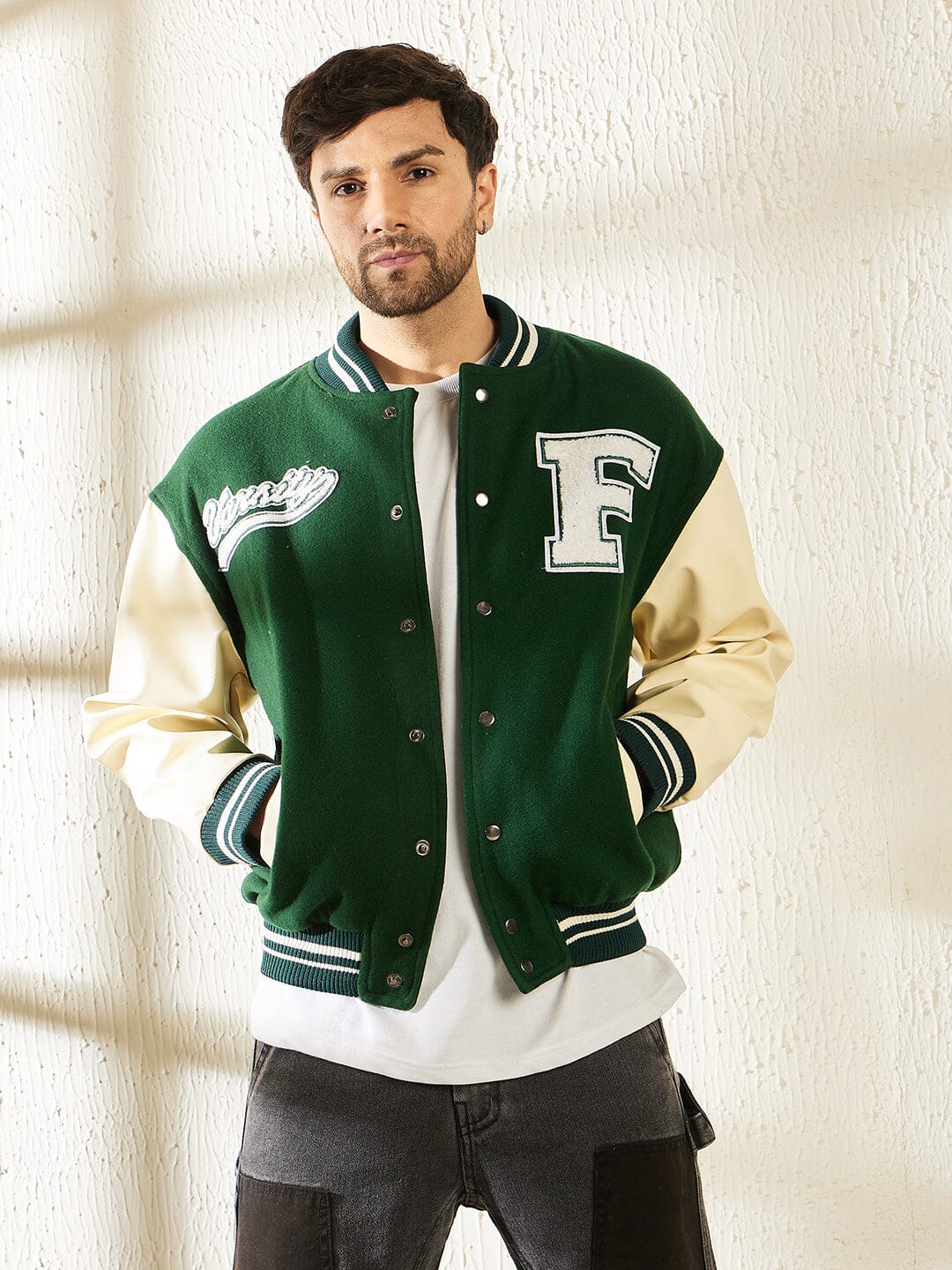 Green Woollen Faux Leather Sleeves Letterman Varsity Jacket - Image 3