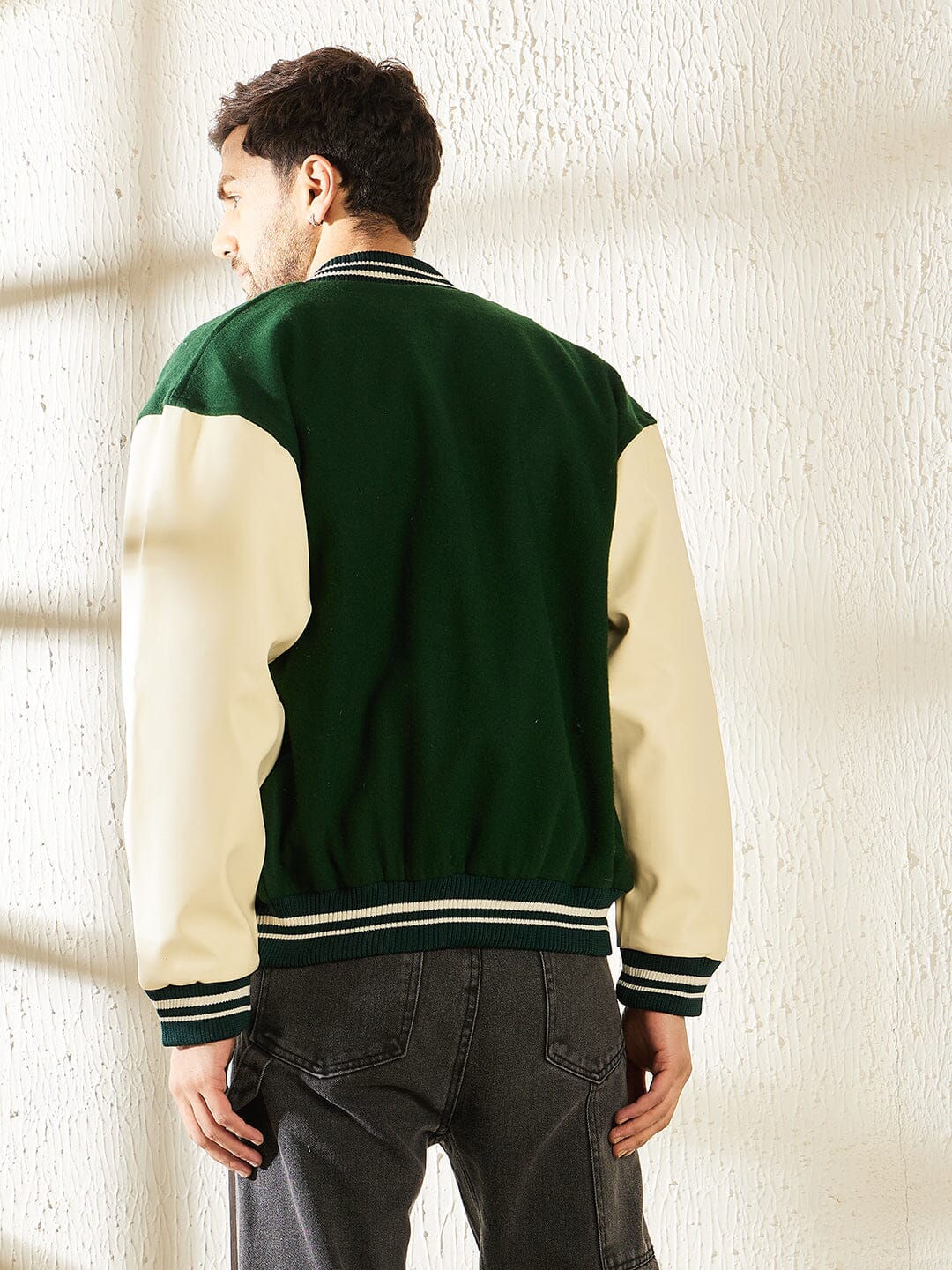 Green Woollen Faux Leather Sleeves Letterman Varsity Jacket - Image 4