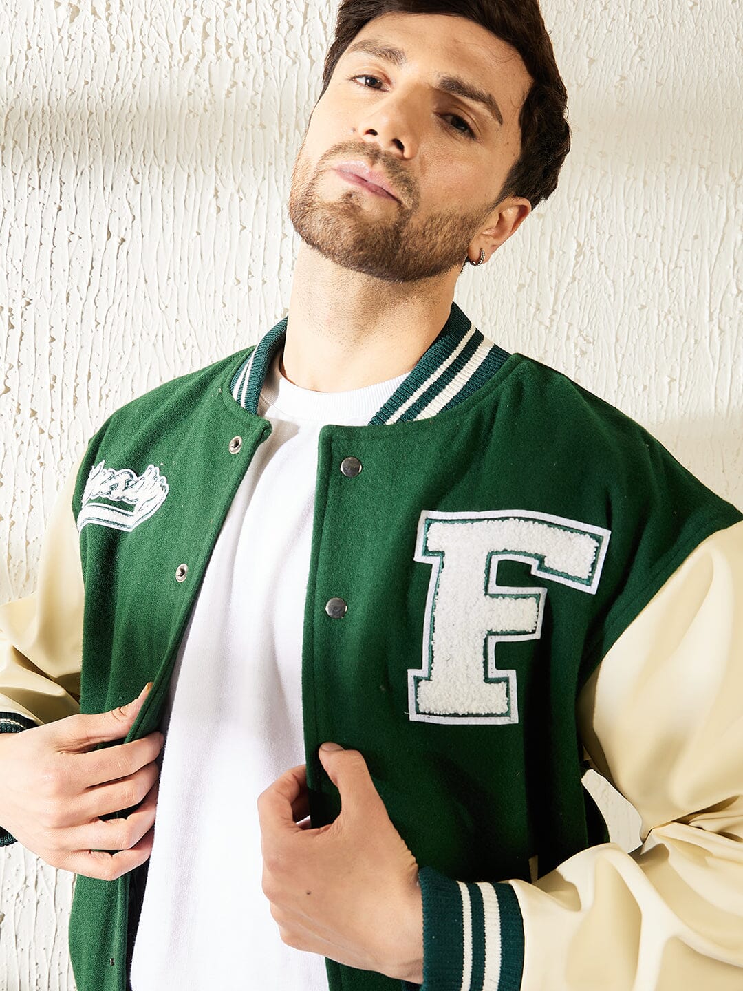 Green Woollen Faux Leather Sleeves Letterman Varsity Jacket - Image 5