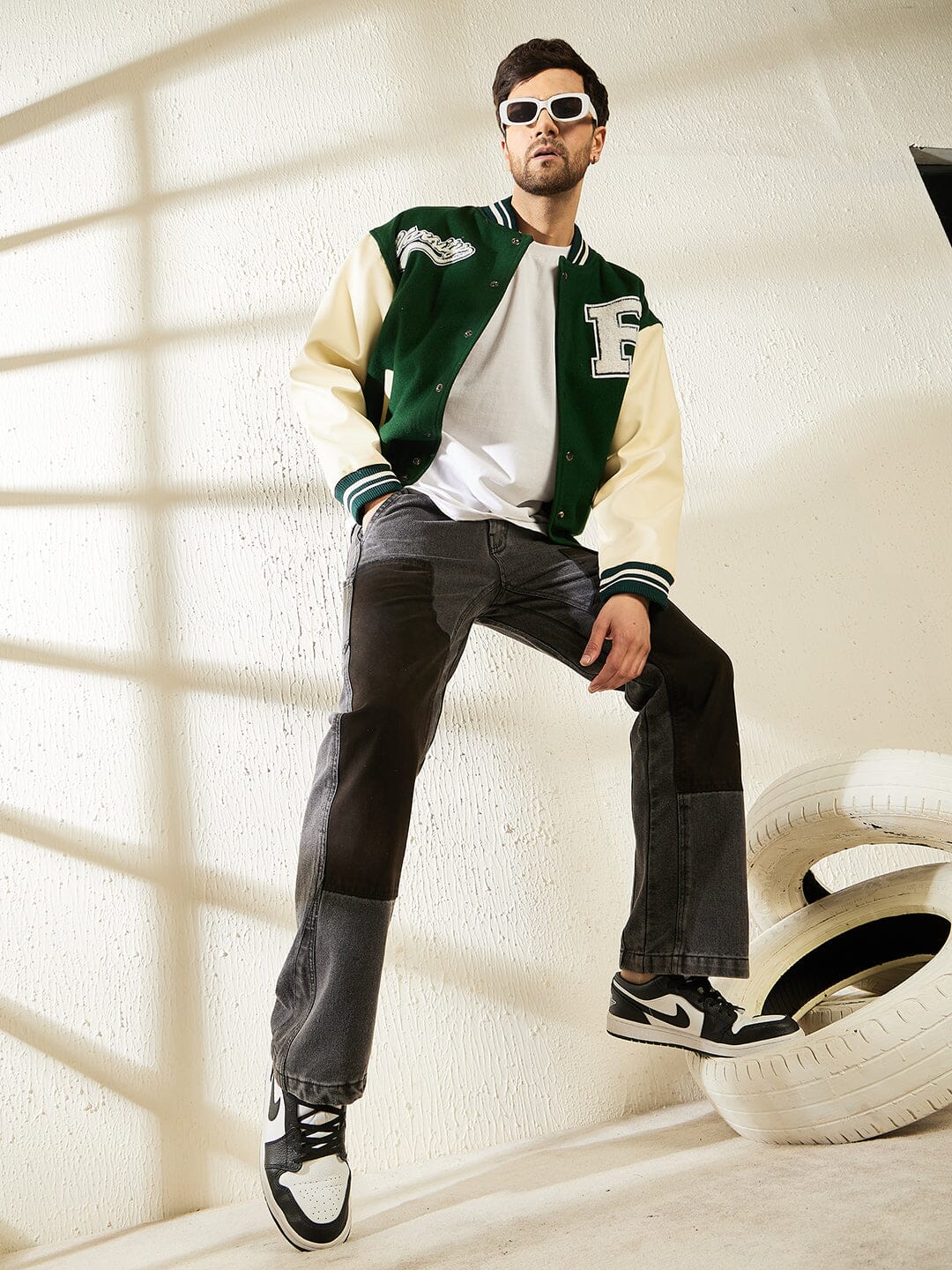 Green Woollen Faux Leather Sleeves Letterman Varsity Jacket - Image 6