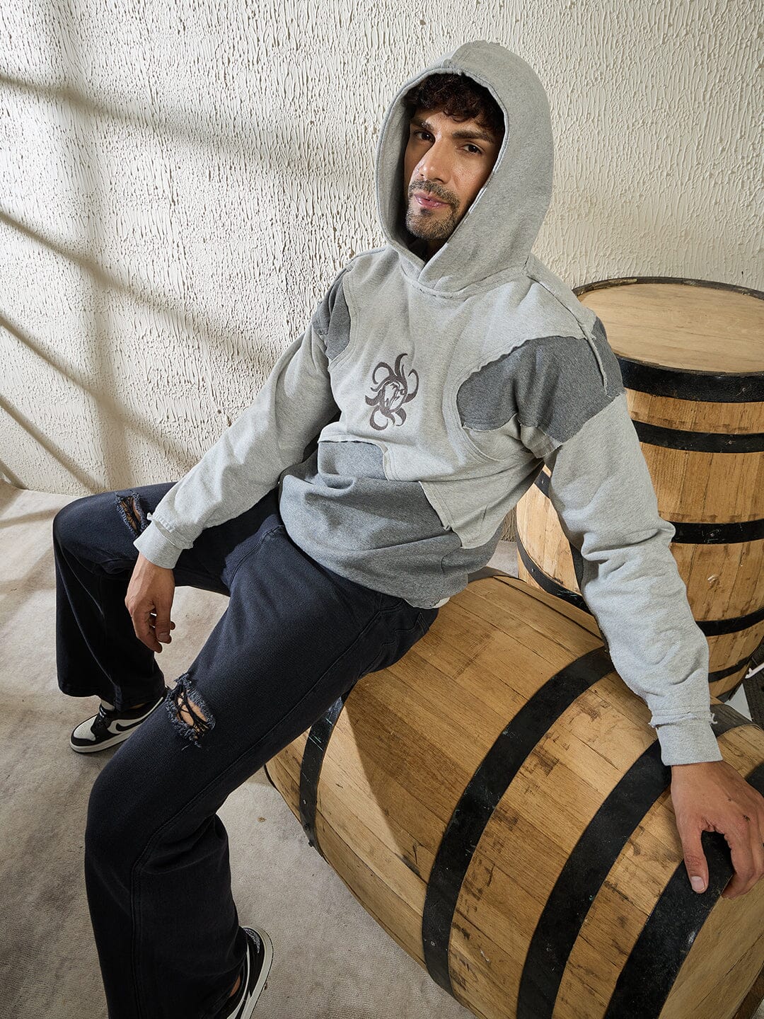 Grey and Charcoal Cut and Sew Hooded Sweatshirt - Image 2