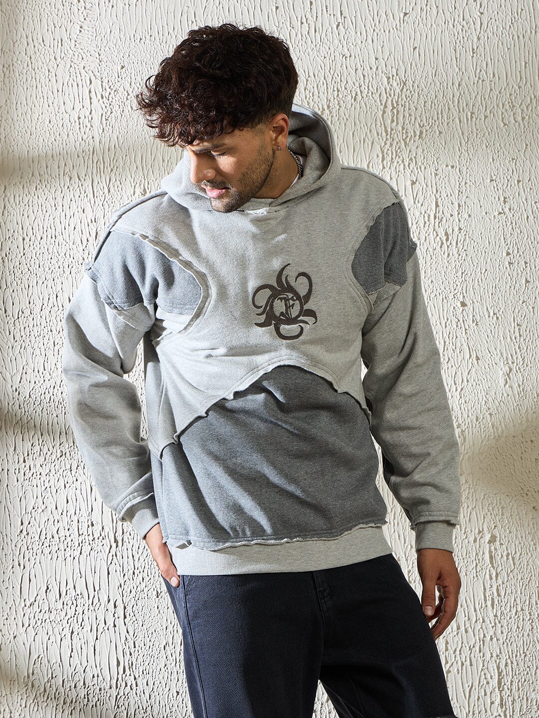 Grey and Charcoal Cut and Sew Hooded Sweatshirt - Image 3
