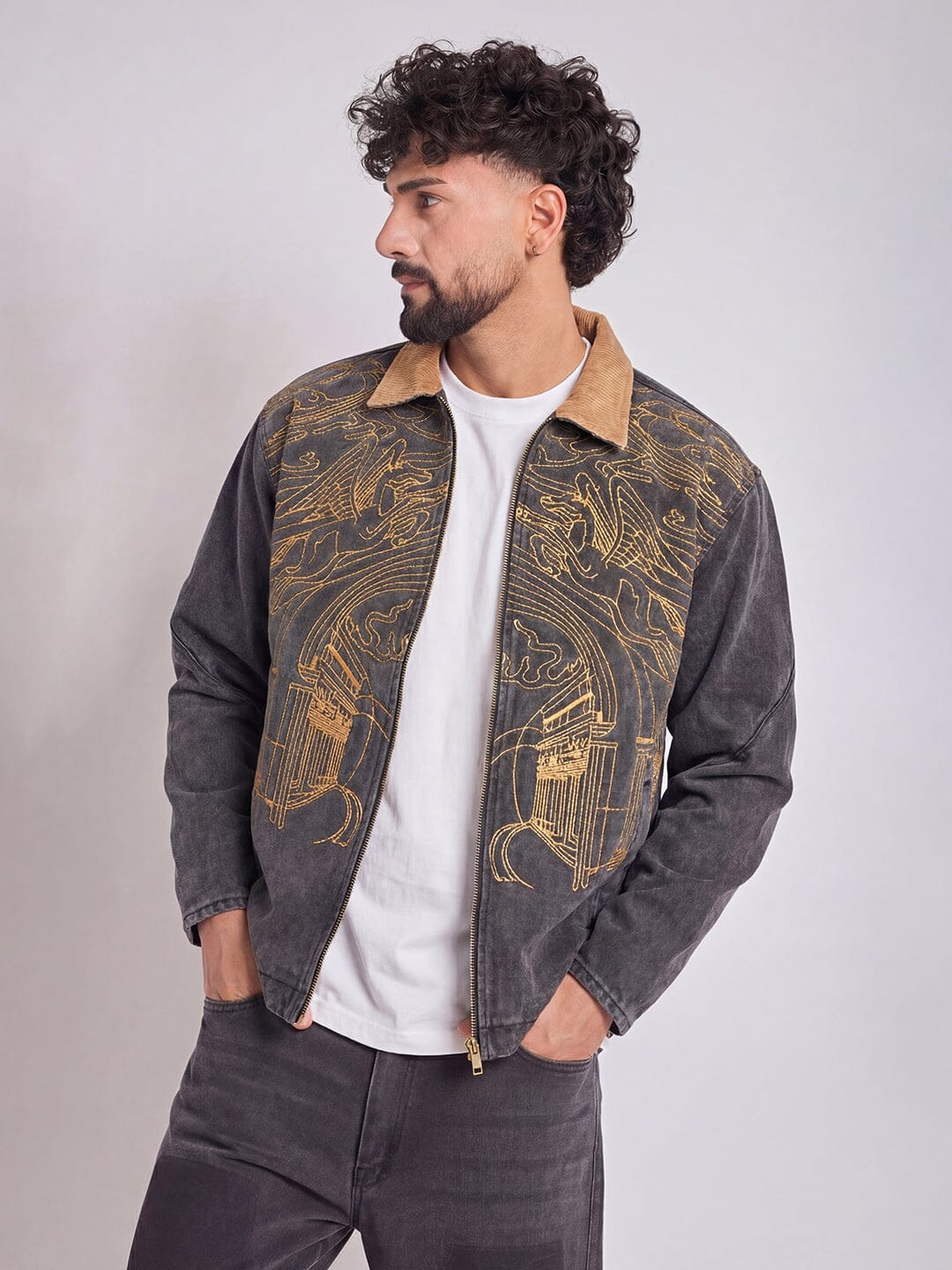 Grey Denim Embroidered Harrington Jacket