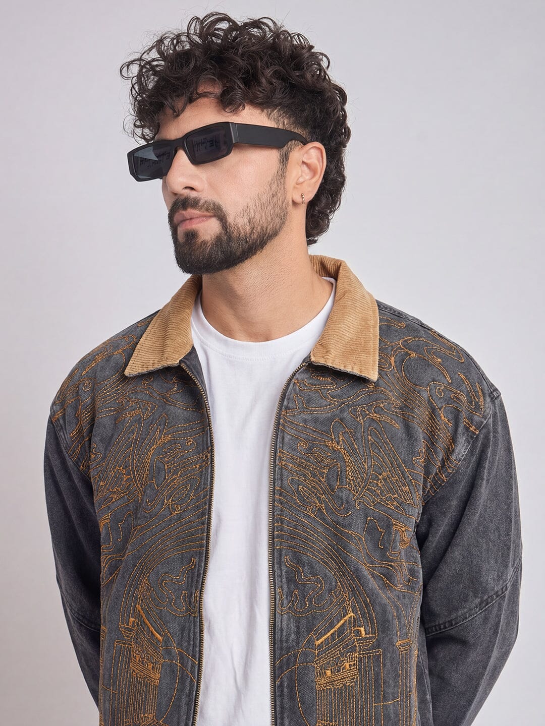 Grey Denim Embroidered Harrington Jacket - Image 3
