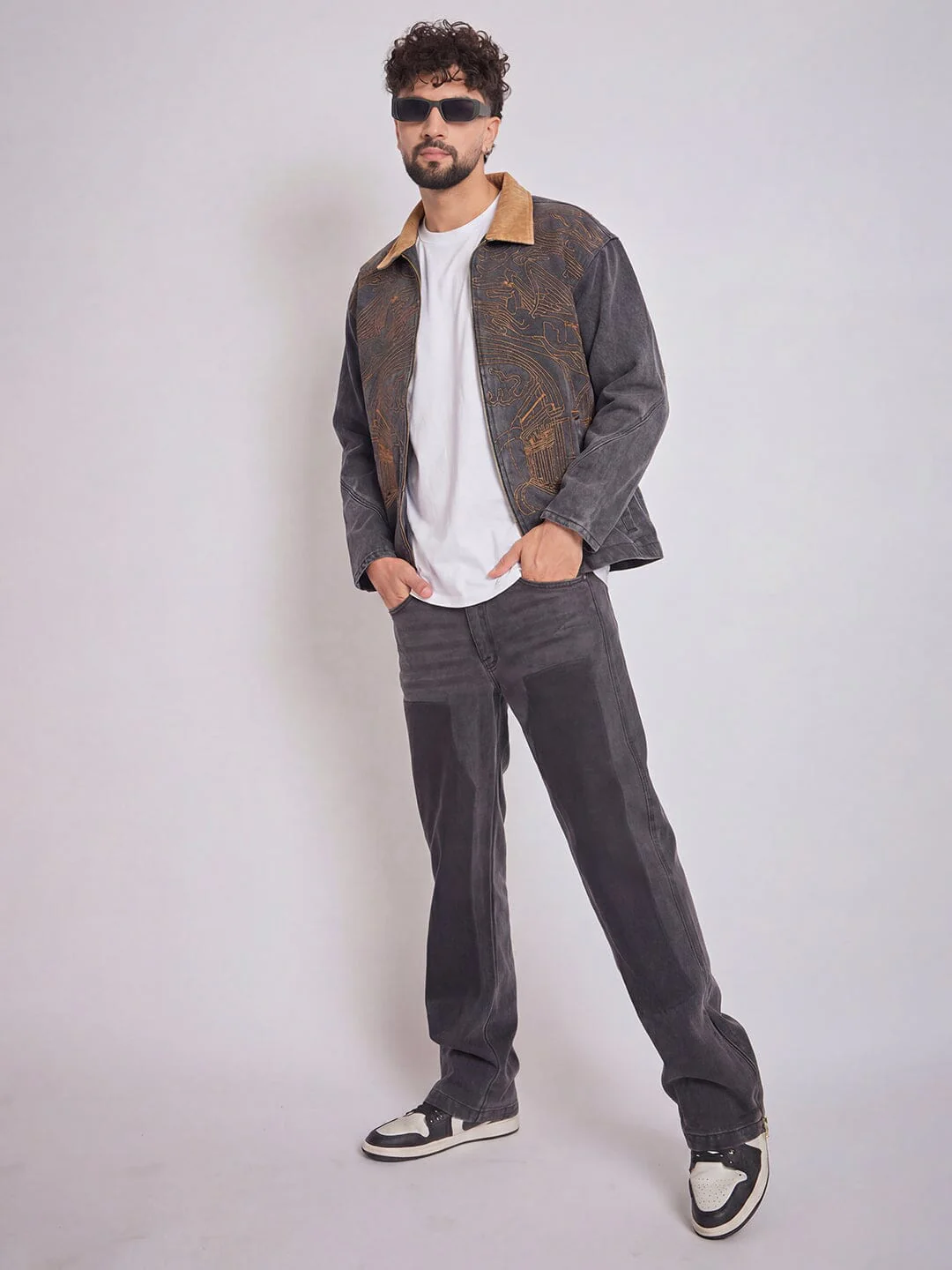 Grey Denim Embroidered Harrington Jacket - Image 4