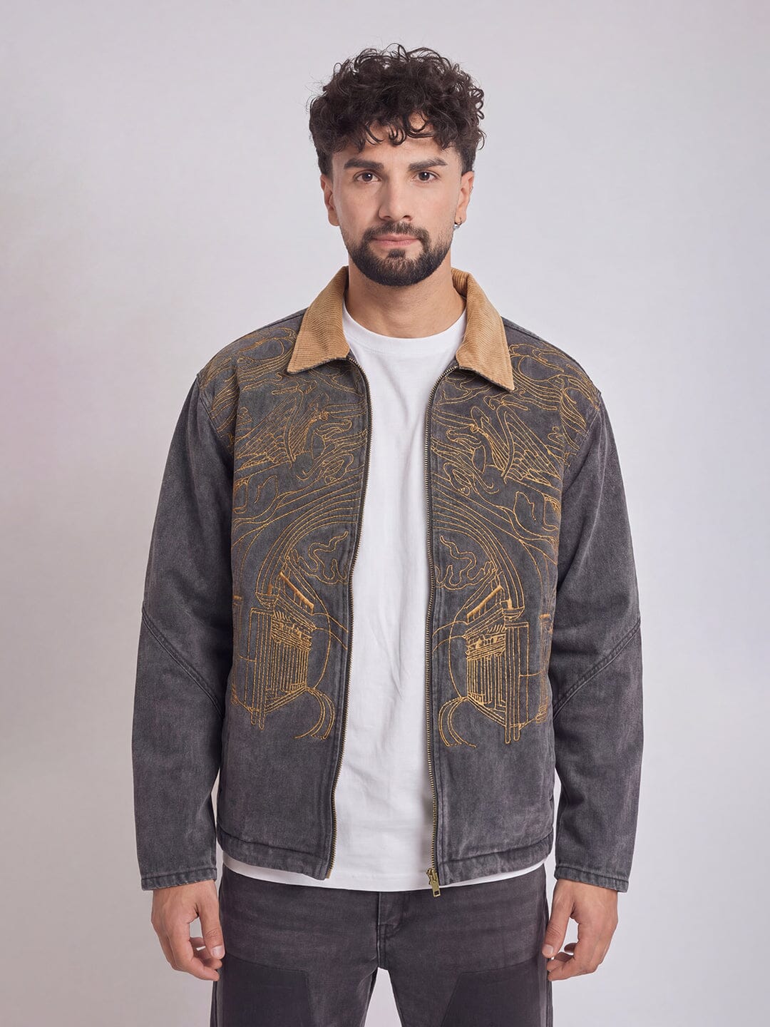 Grey Denim Embroidered Harrington Jacket - Image 7