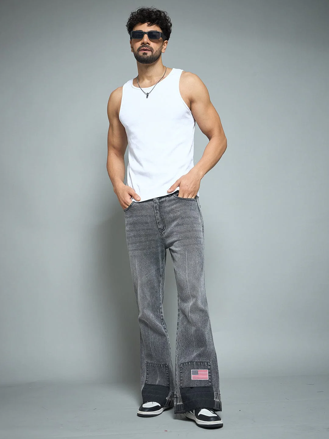 Grey Flared Raw Edge Denim - Image 6