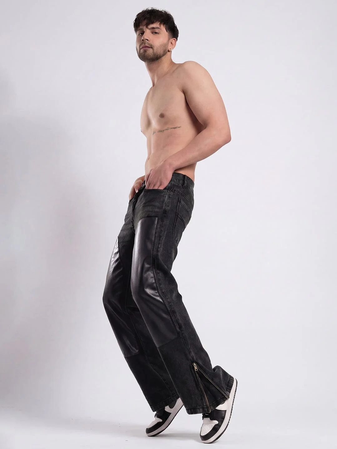 Grey Leather Patched Flared Zipped Denim - Image 4