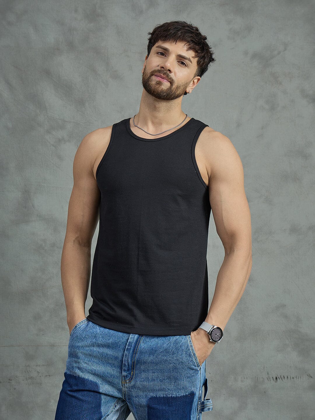 Grey Paisley Cropped Shirt With Black Vest - Image 4