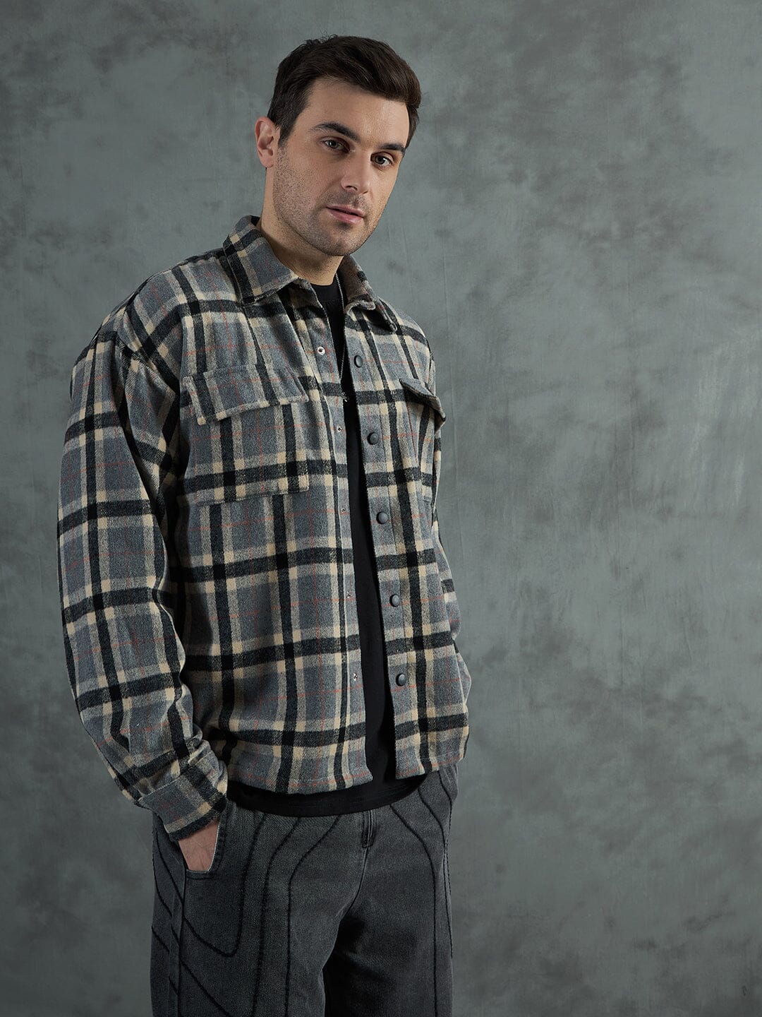 Grey Plaid Woollen OverShirt - Image 3