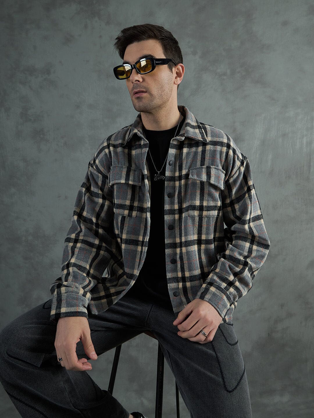 Grey Plaid Woollen OverShirt - Image 7