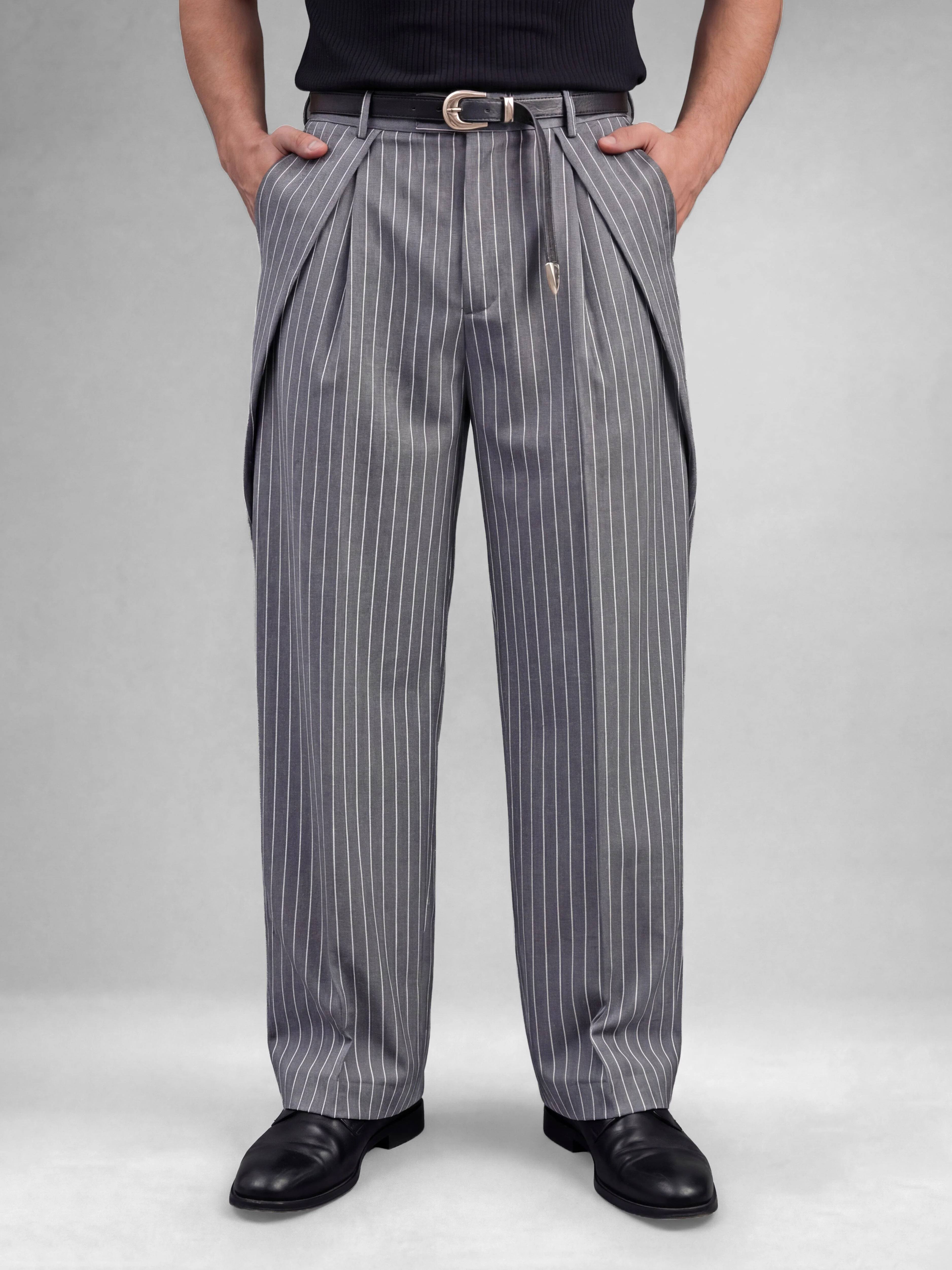 Grey Striped Pleated Korean Pants
