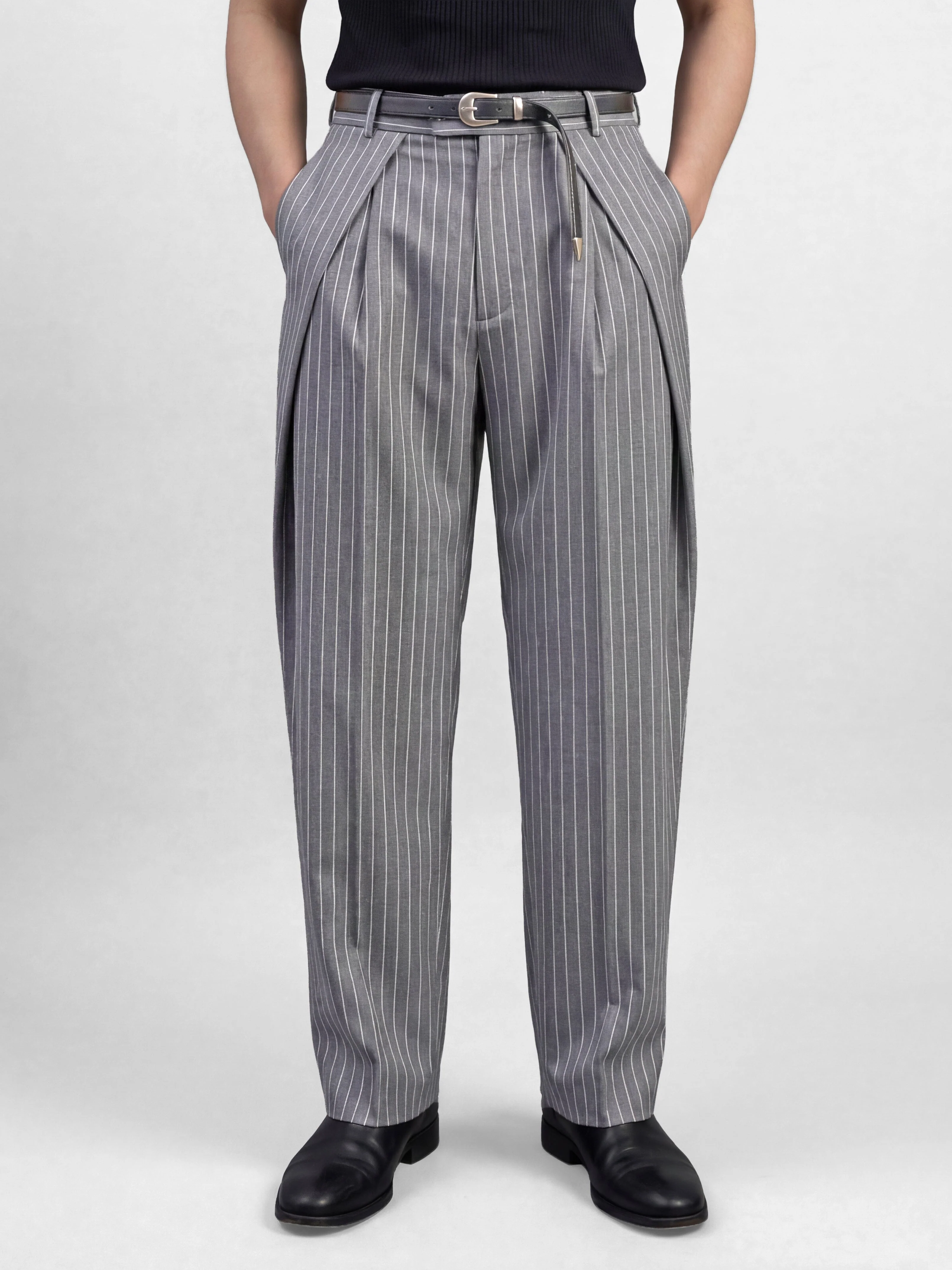 Grey Striped Pleated Korean Pants - Image 5