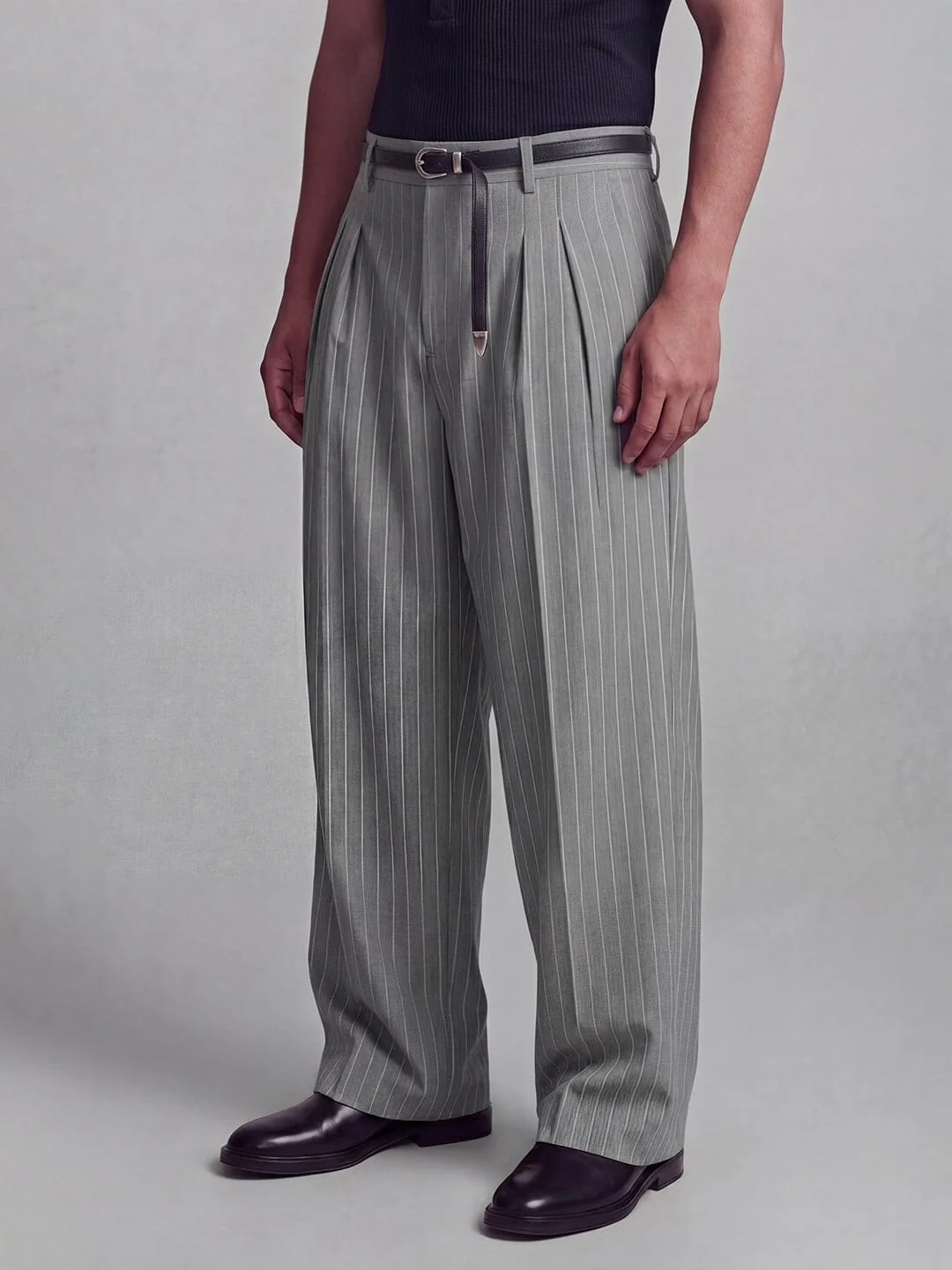 Grey Striped Pleated Trousers - Image 2