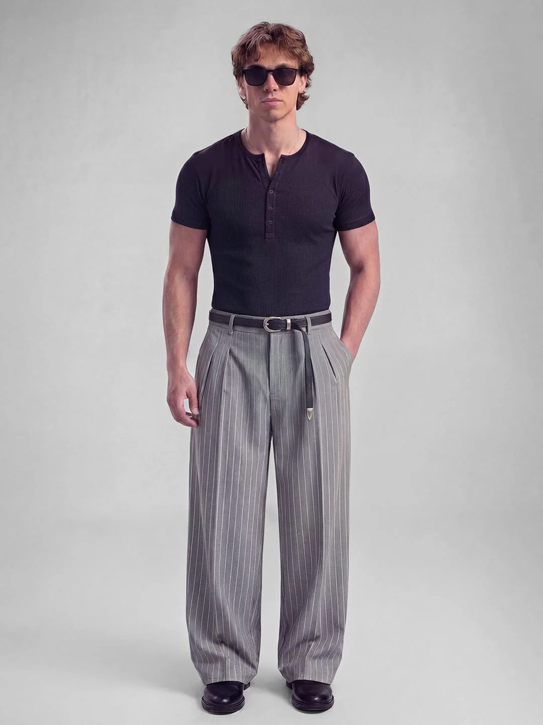 Grey Striped Pleated Trousers - Image 3