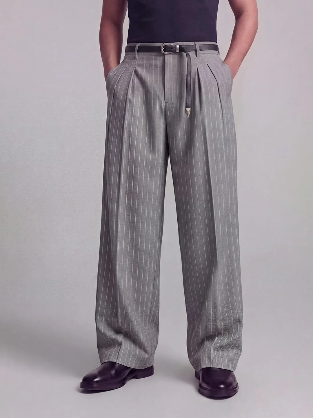 Grey Striped Pleated Trousers - Image 5