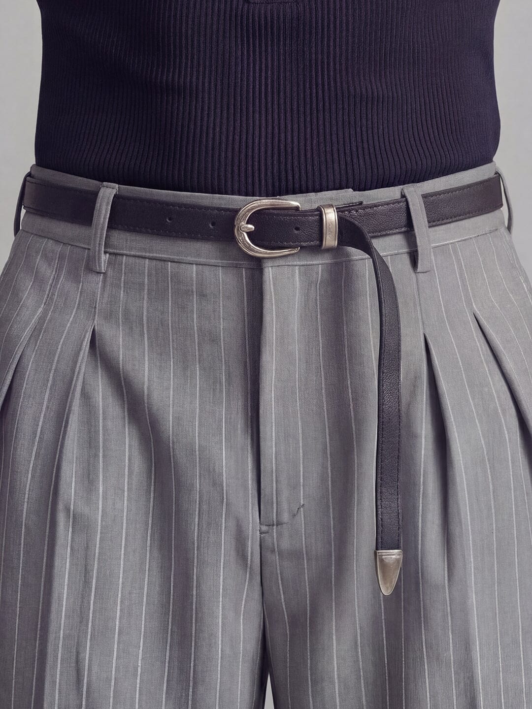 Grey Striped Pleated Trousers - Image 6