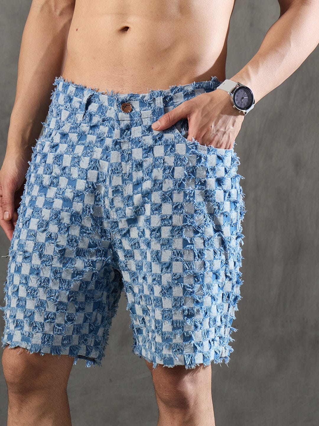 Ice Checkered Frayed Denim Shorts - Image 3