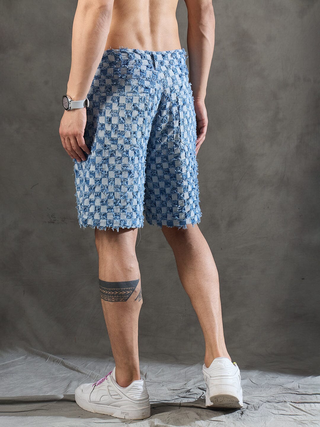 Ice Checkered Frayed Denim Shorts - Image 4