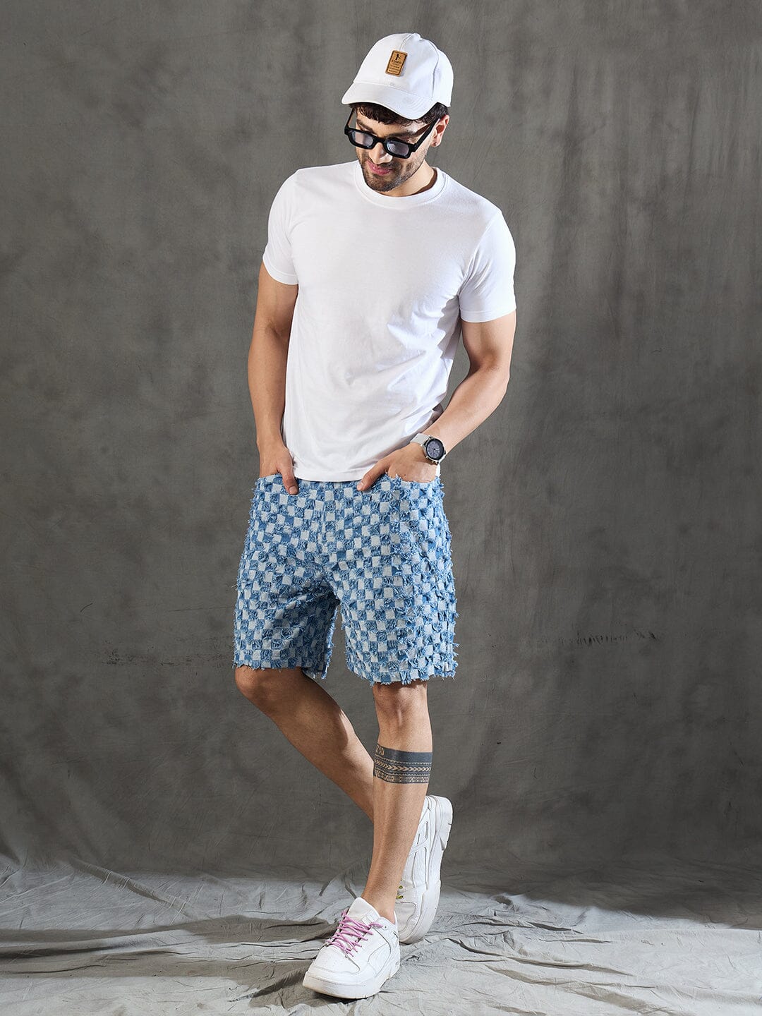 Ice Checkered Frayed Denim Shorts - Image 5