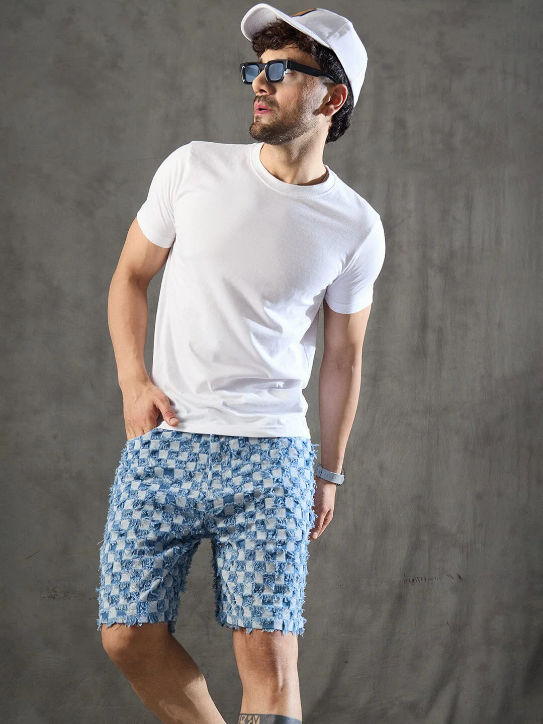 Ice Checkered Frayed Denim Shorts - Image 6