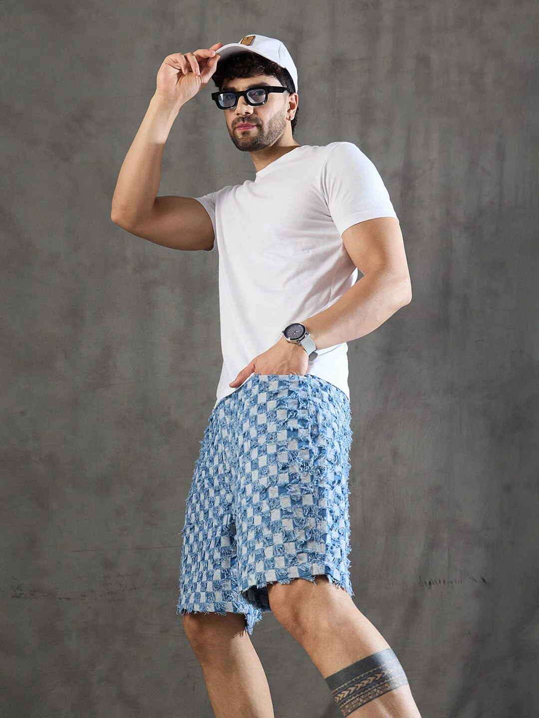 Ice Checkered Frayed Denim Shorts - Image 7