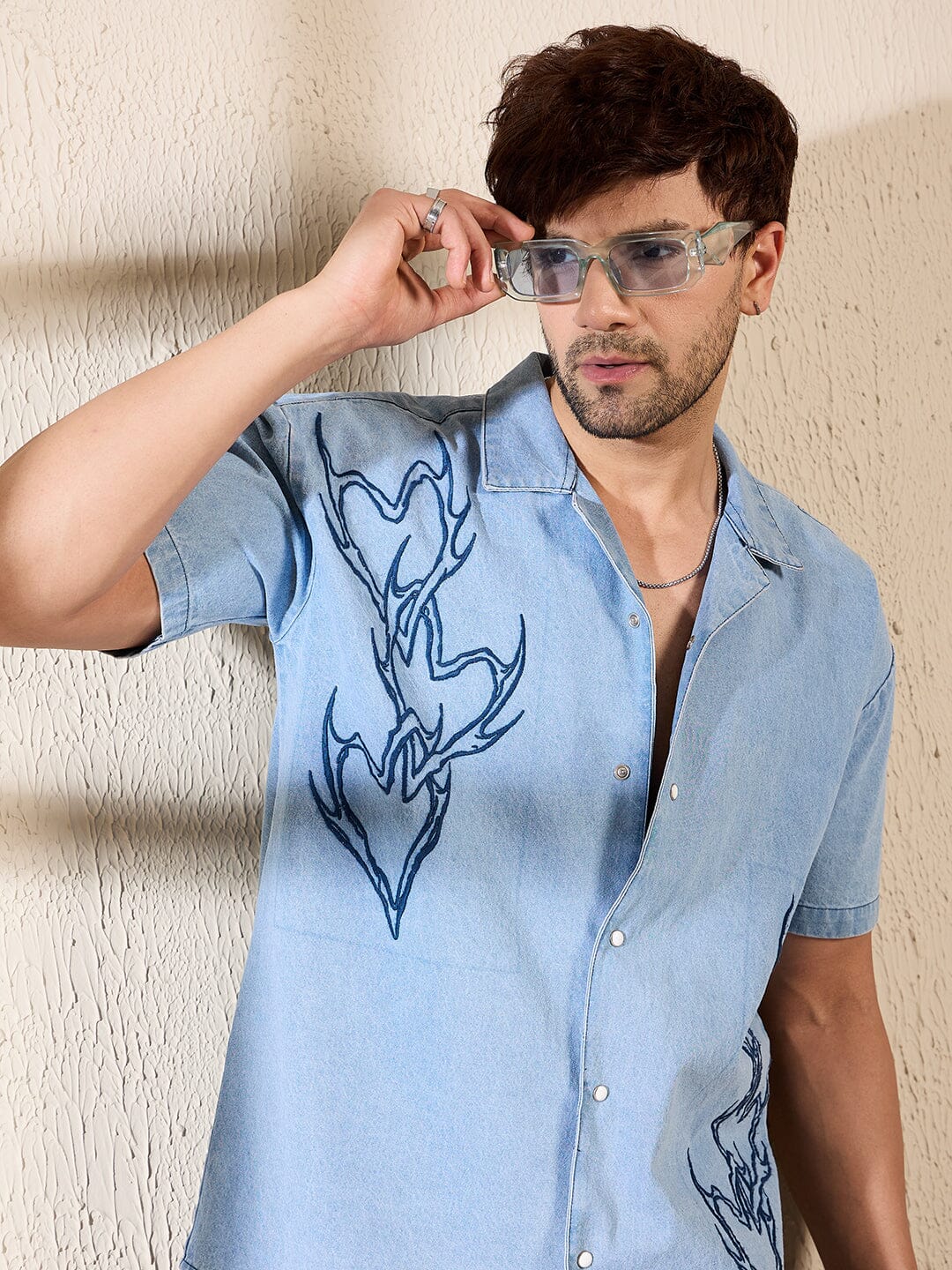 Ice Heart Embroidery Cuban Denim Shirt - Image 5