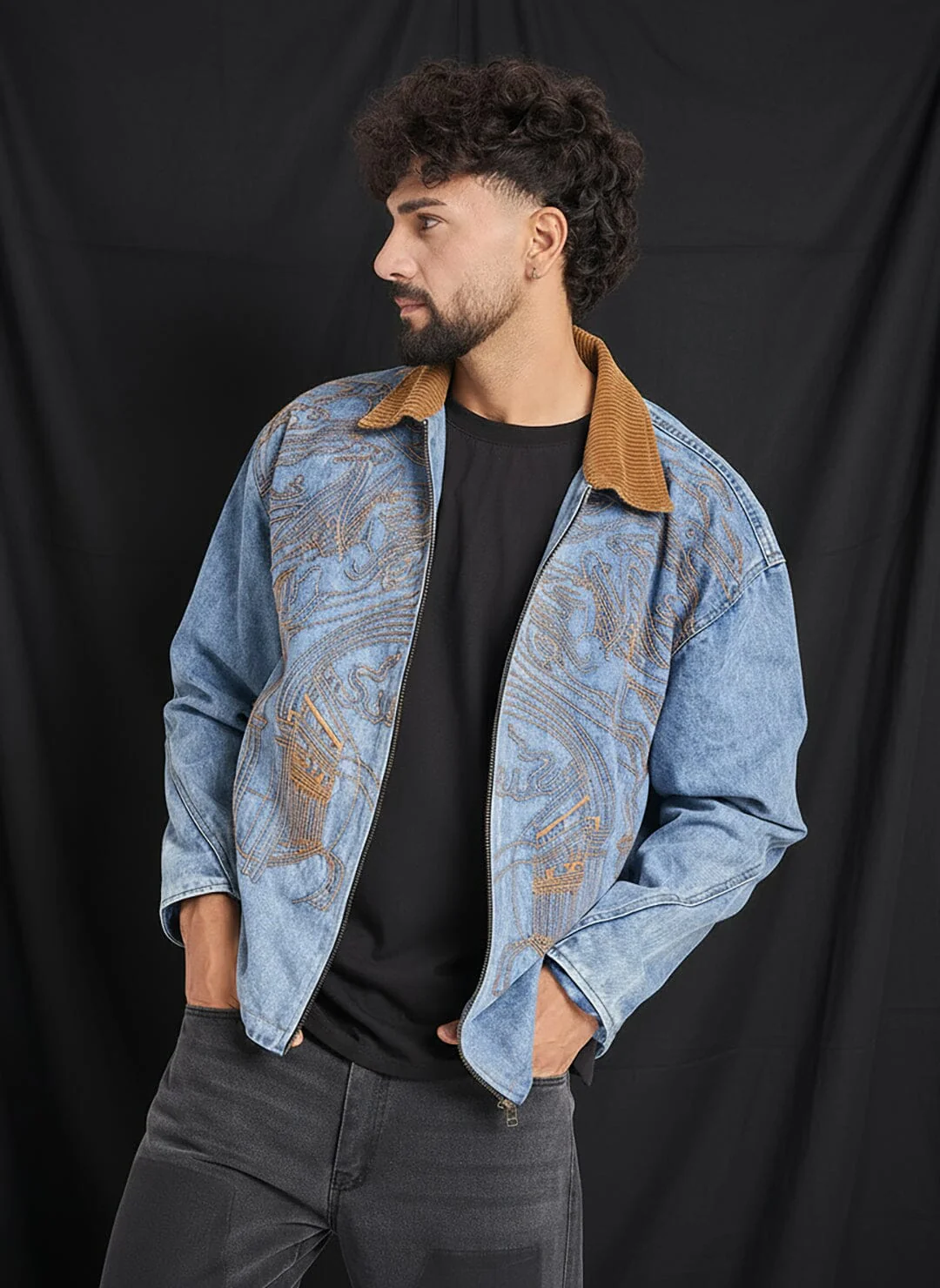 Ice Lineart Embriodery Harrington Denim Jacket - Image 2