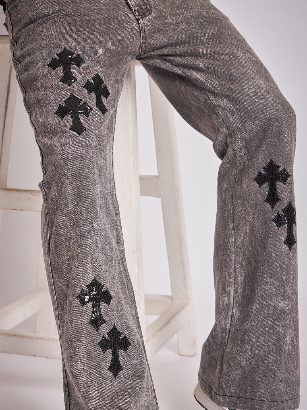 Grey Pu Cross Flared Denim - Image 3