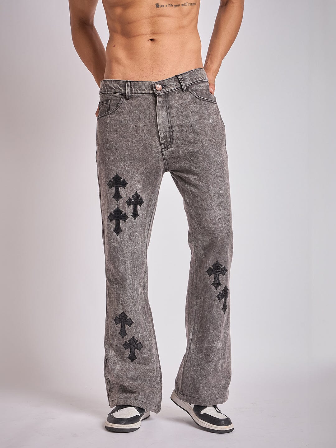Grey Pu Cross Flared Denim - Image 4