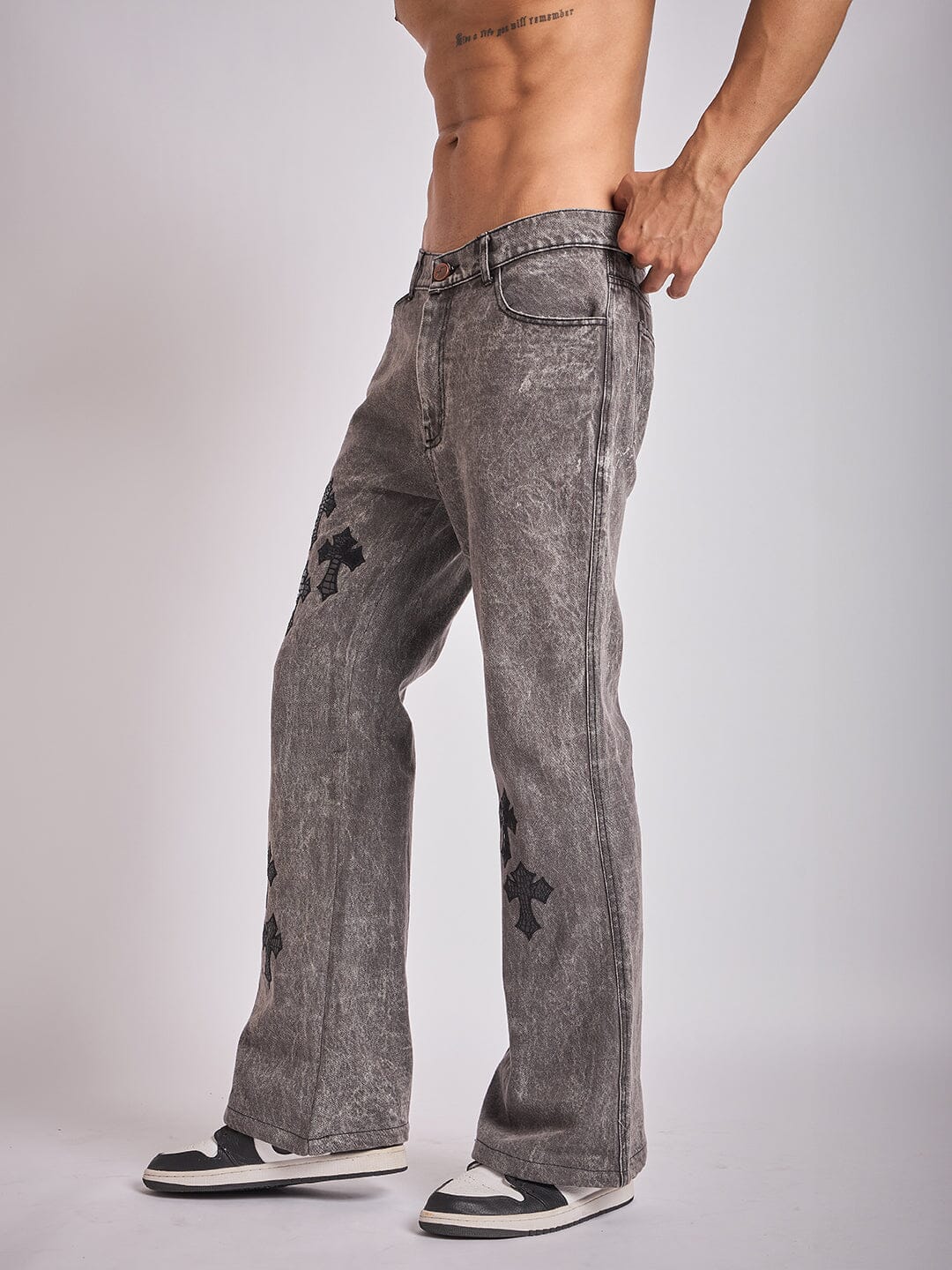 Grey Pu Cross Flared Denim - Image 5