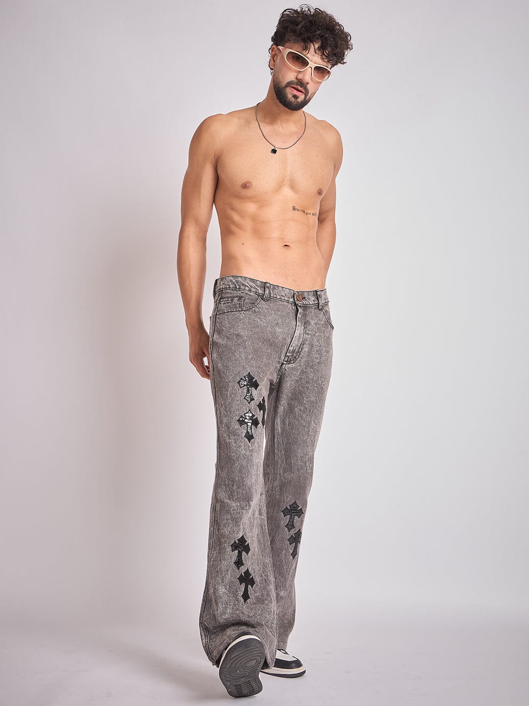Grey Pu Cross Flared Denim - Image 7