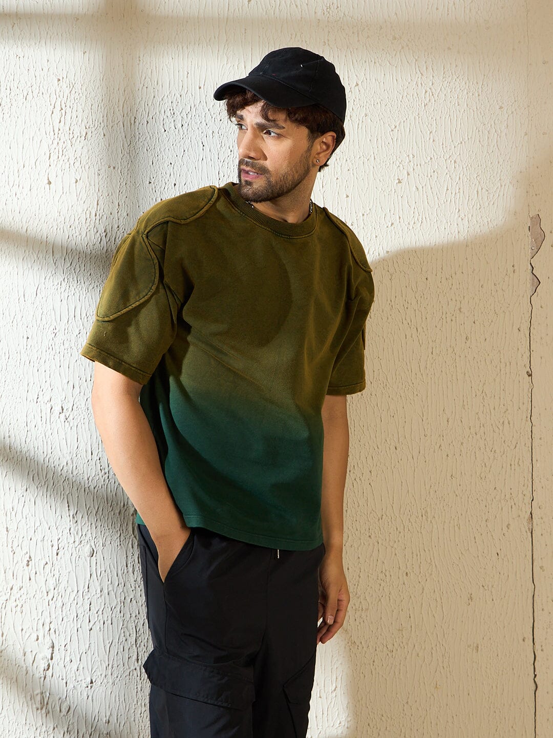 Khaki Ombre Padded Shoulder Oversized Tshirt - Image 2