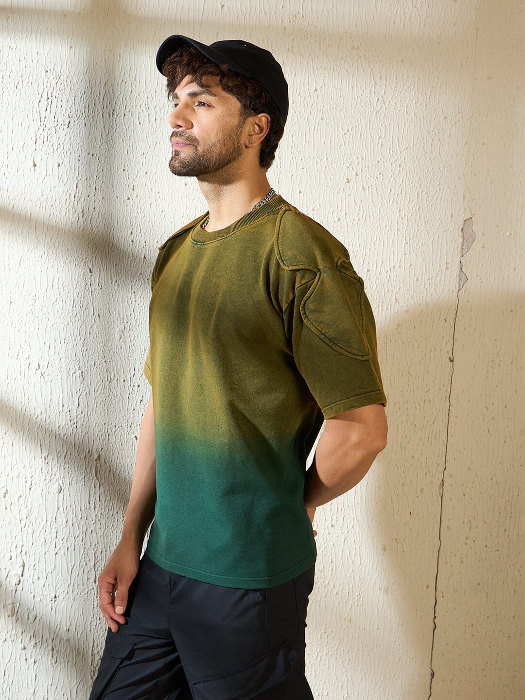 Khaki Ombre Padded Shoulder Oversized Tshirt - Image 3