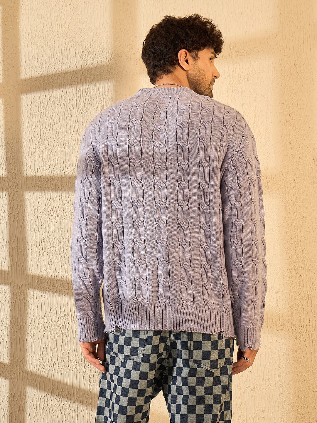 Lavender Cable Knit Distressed Sweater - Image 4