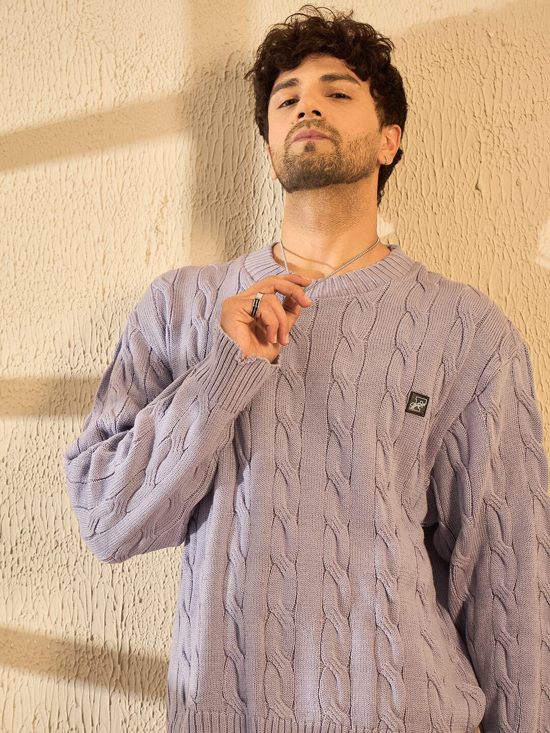 Lavender Cable Knit Distressed Sweater - Image 5