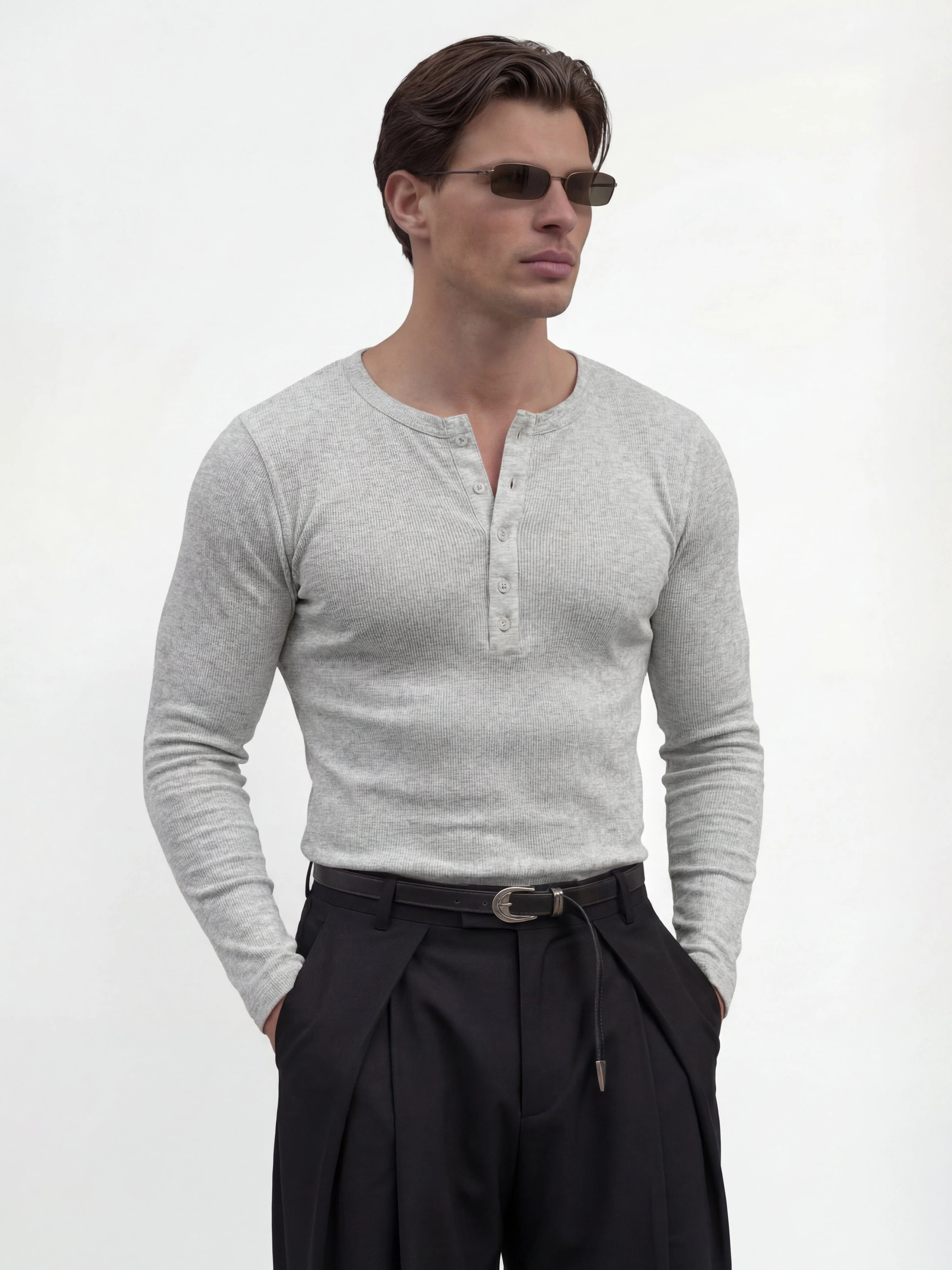 Light Grey Ribbed Henley Longsleeves Tshirt
