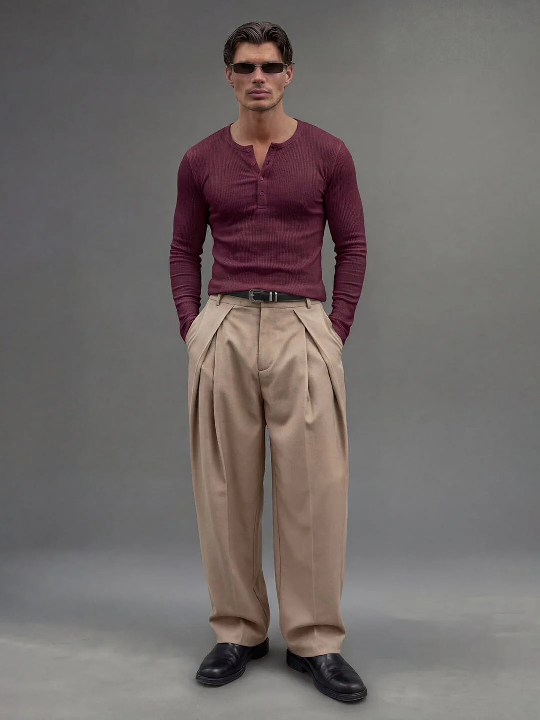 Maroon Ribbed Henley Longsleeves Tshirt - Image 5