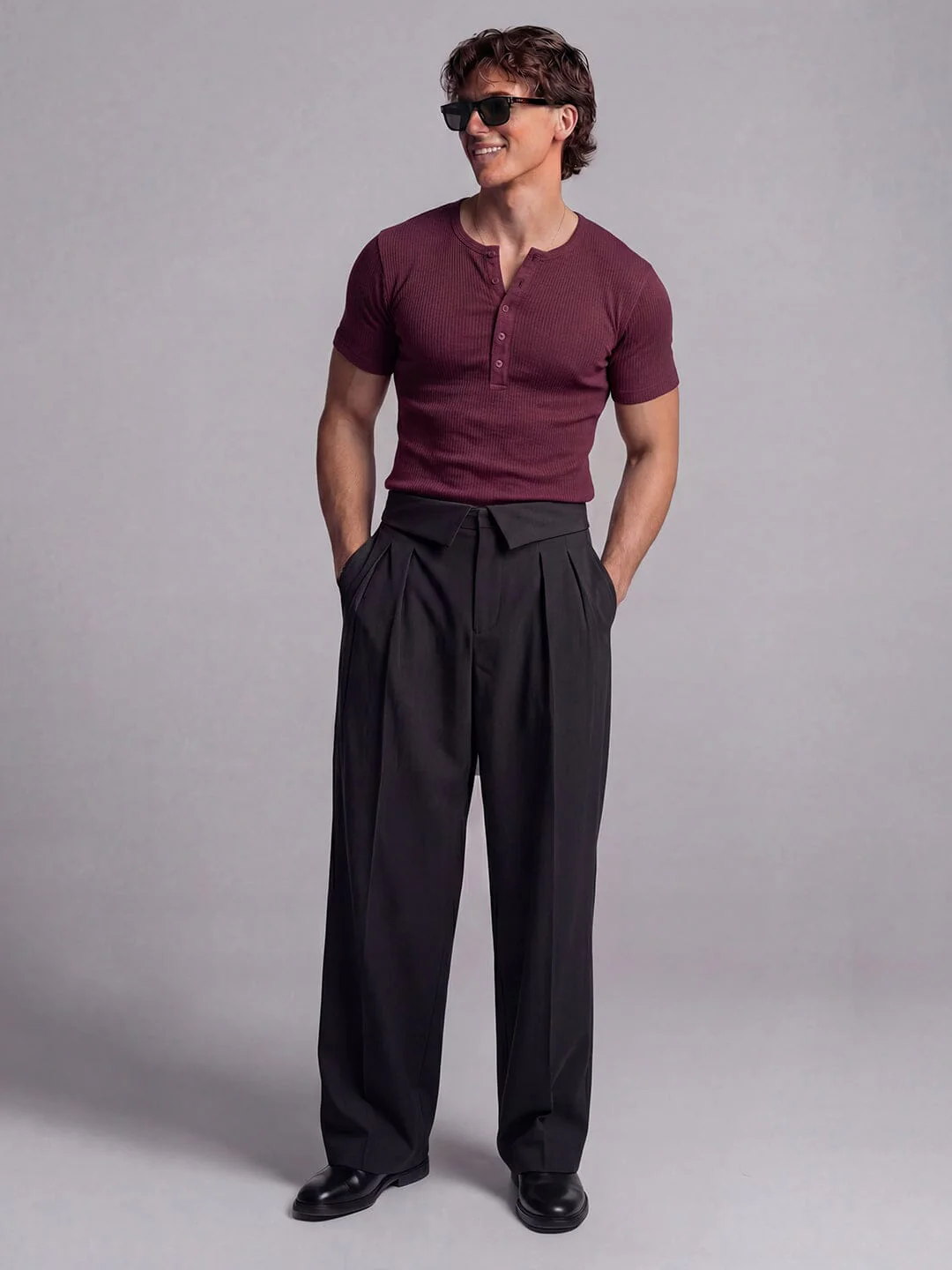 Maroon Ribbed Henley Short Sleeves Tshirt - Image 5