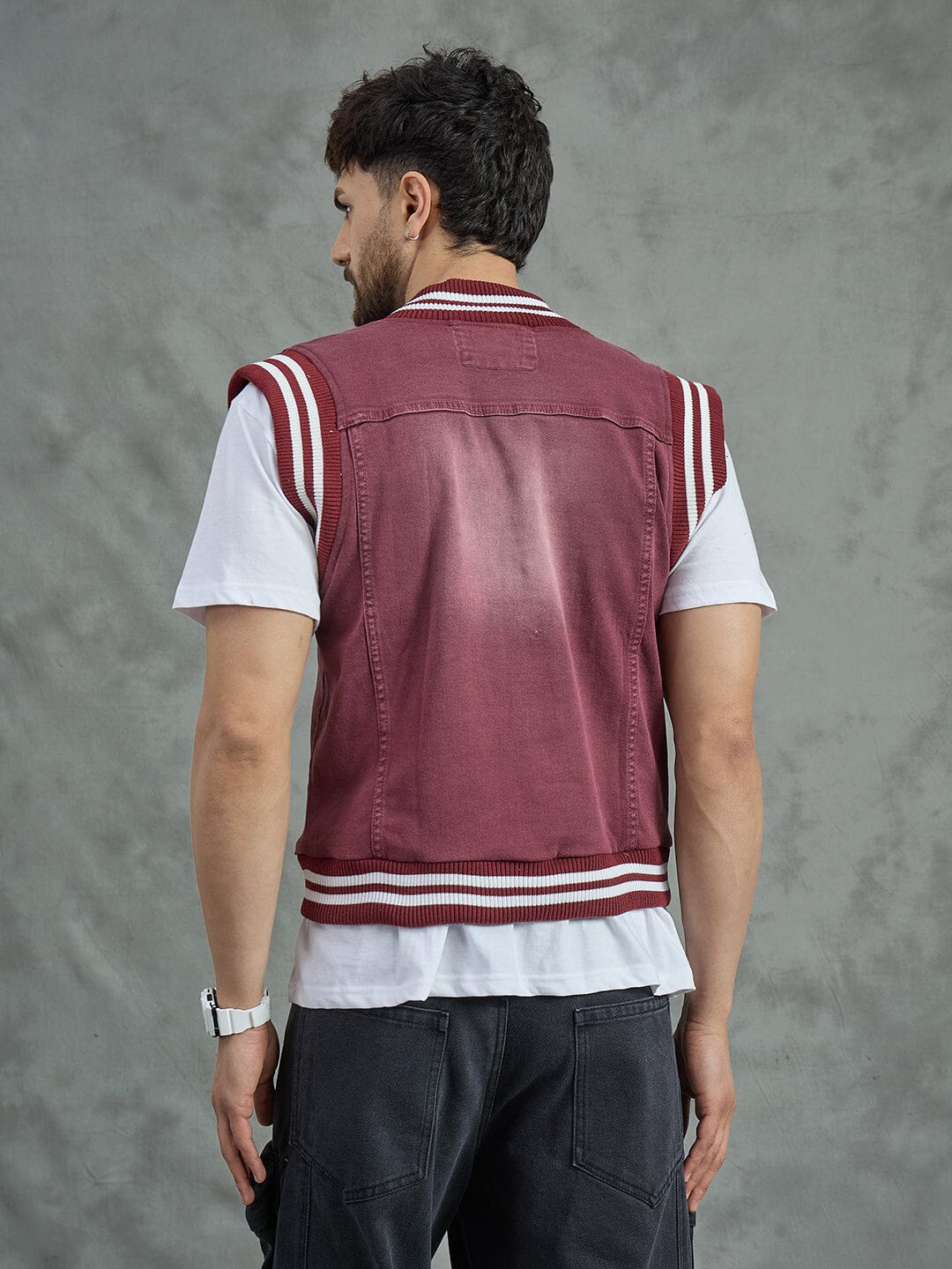 Maroon Tactical Denim Sleeveless Jacket - Image 3