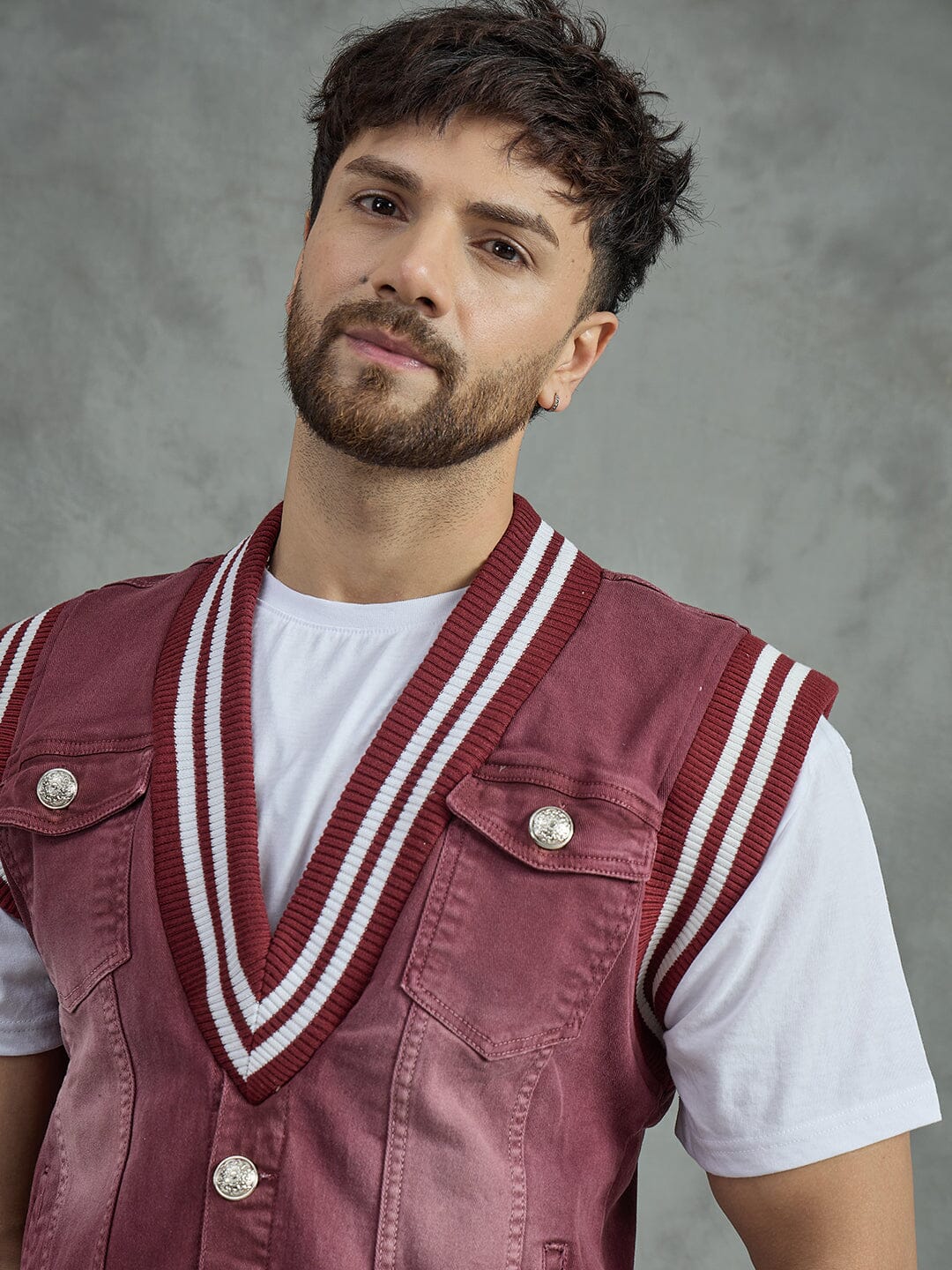 Maroon Tactical Denim Sleeveless Jacket - Image 4
