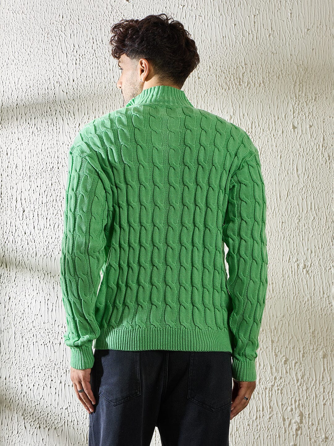 Mint Cable Knit Quarter Zip Turtleneck Sweater - Image 3