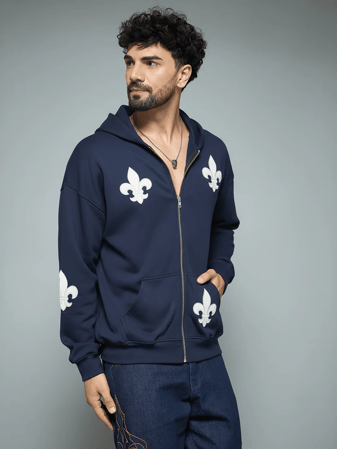 Navy Applique Zipped Hoodie - Image 5