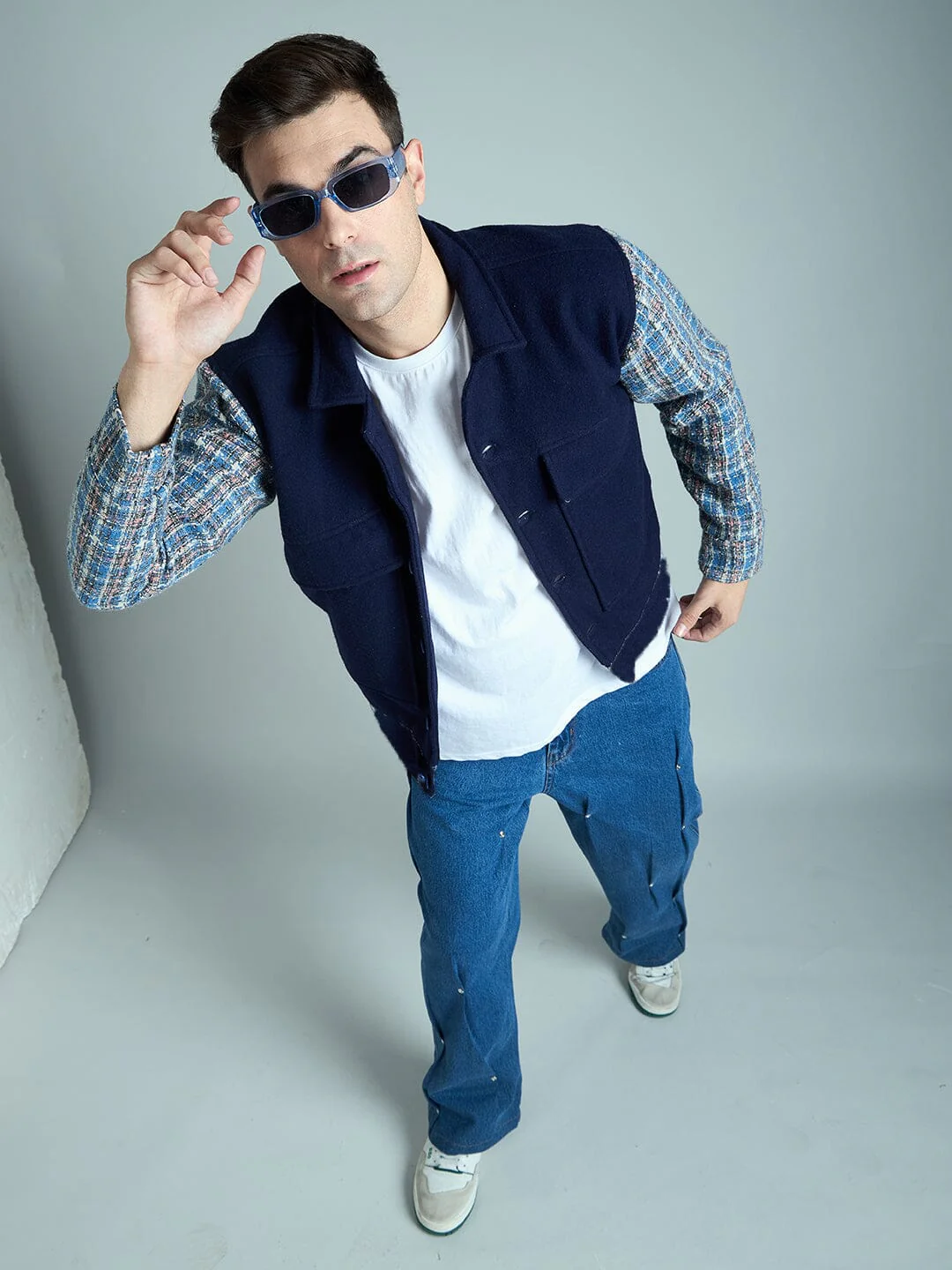 Navy Checkered Aviator Jacket - Image 3