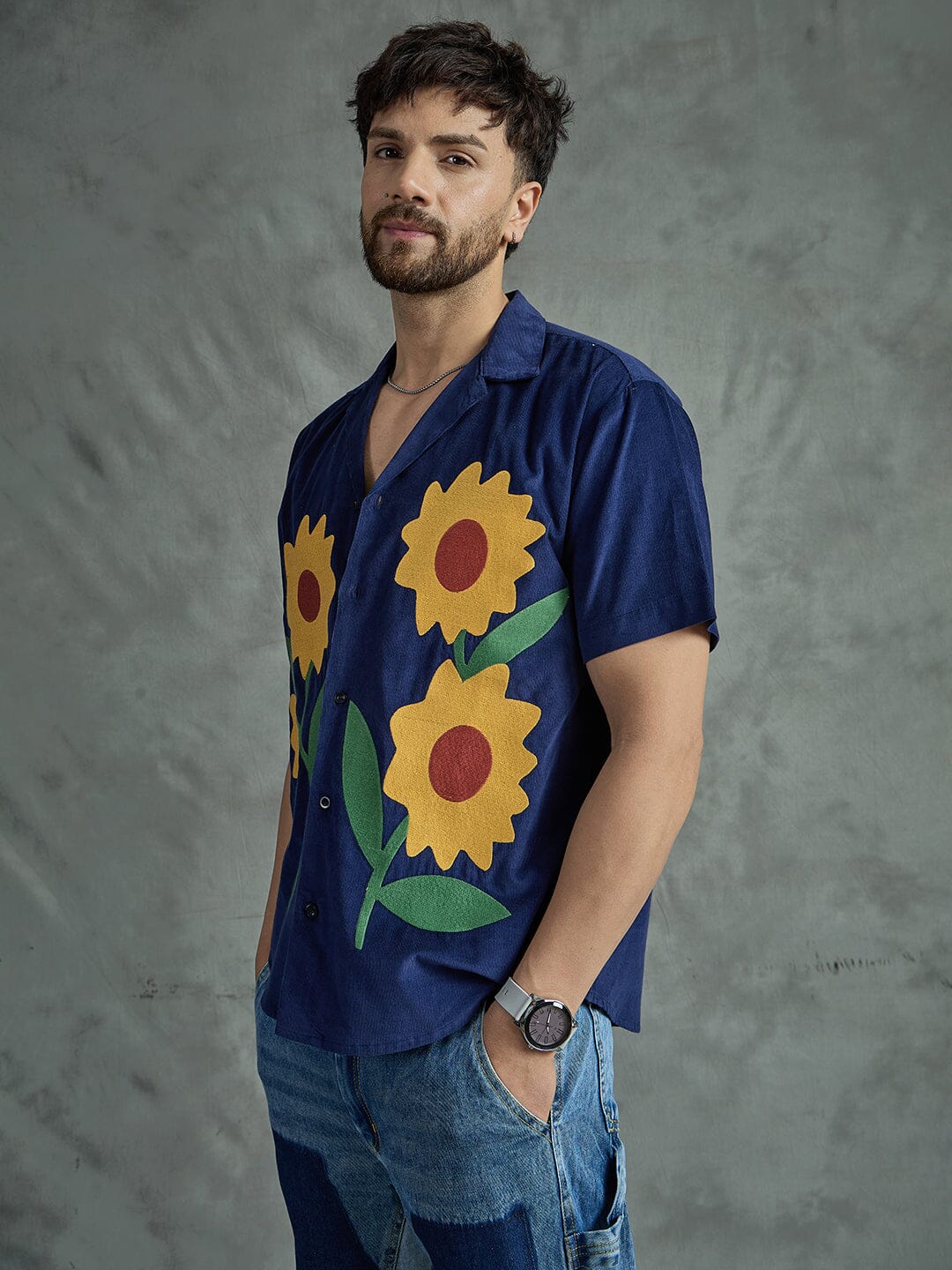 Navy Corduroy Sunflower Cuban Shirt - Image 2