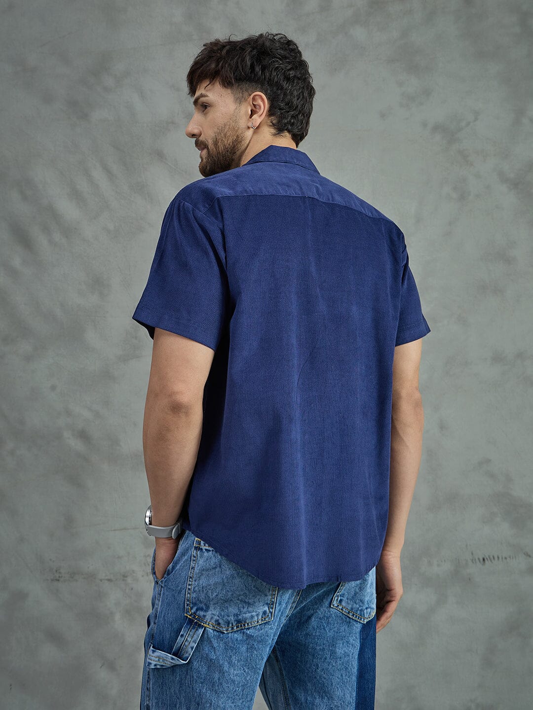 Navy Corduroy Sunflower Cuban Shirt - Image 3