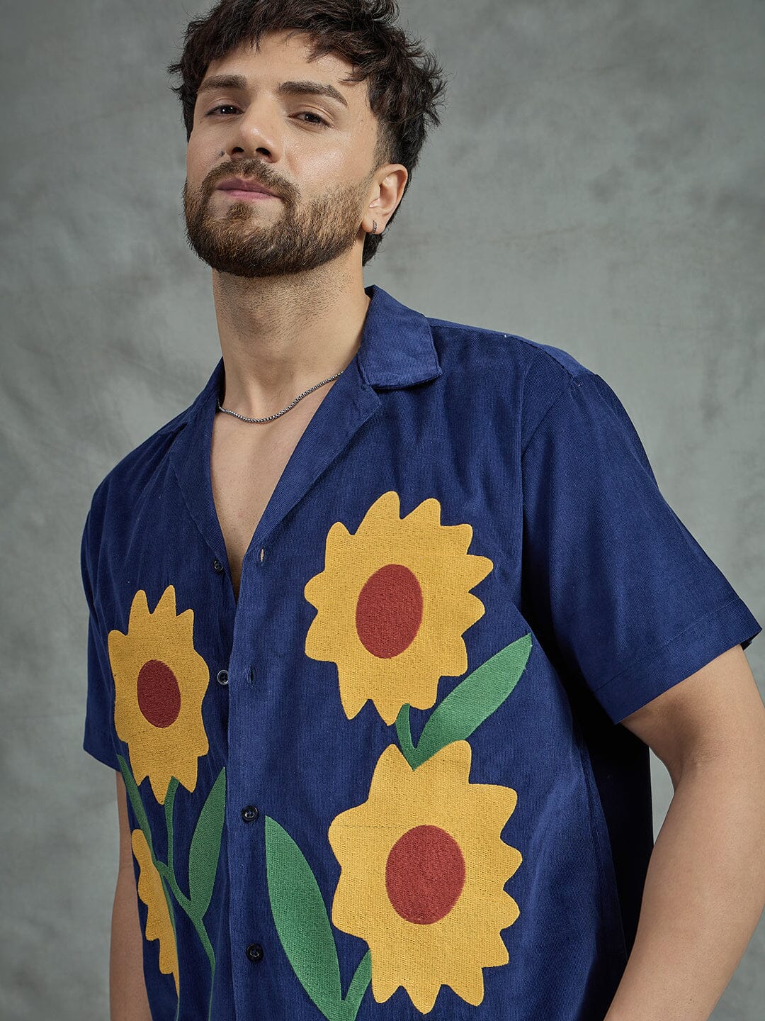 Navy Corduroy Sunflower Cuban Shirt - Image 4