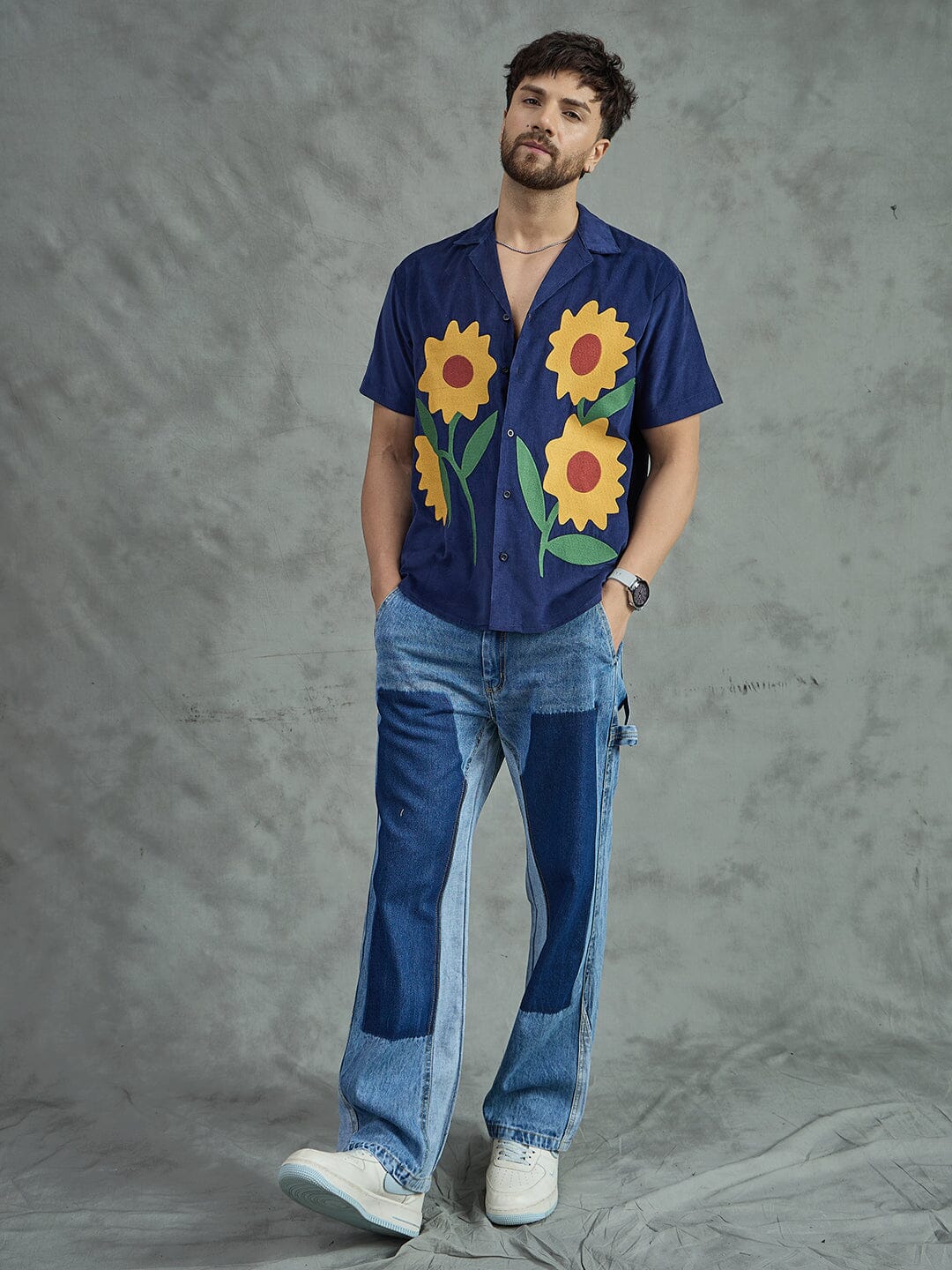Navy Corduroy Sunflower Cuban Shirt - Image 5