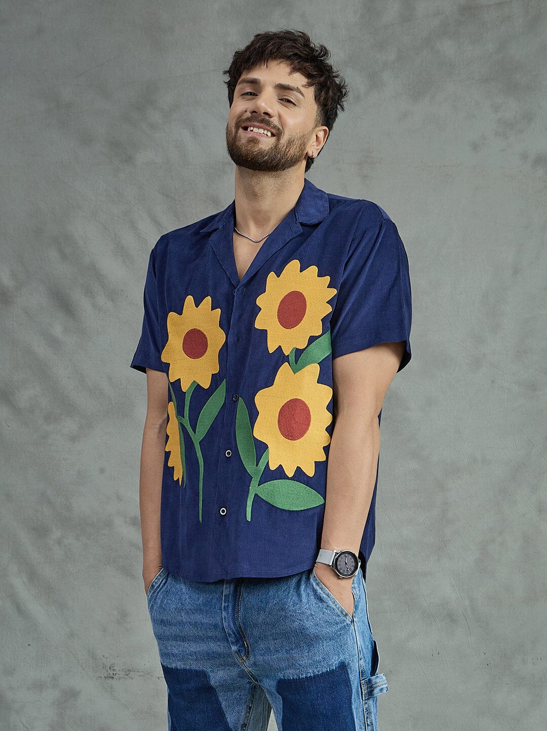 Navy Corduroy Sunflower Cuban Shirt - Image 6