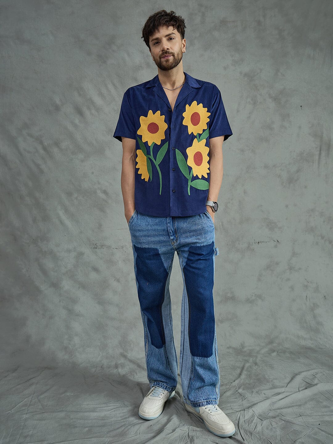 Navy Corduroy Sunflower Cuban Shirt - Image 7